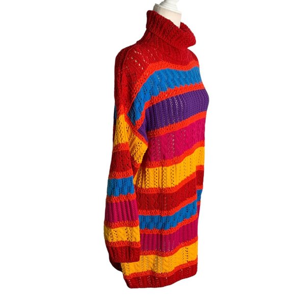 Vintage 90s Loose Knit Turtleneck Sweater L Rainbow Stripe Pullover Long Sleeve - Picture 5 of 6